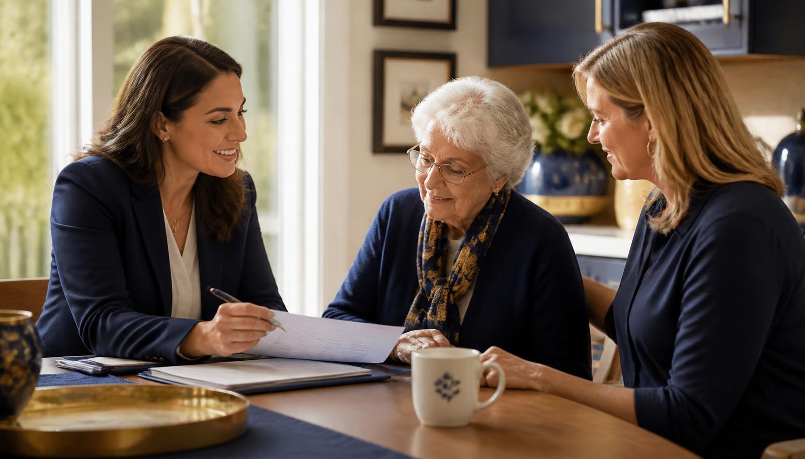 A Kinsera care manager meeting with a senior and her daughter